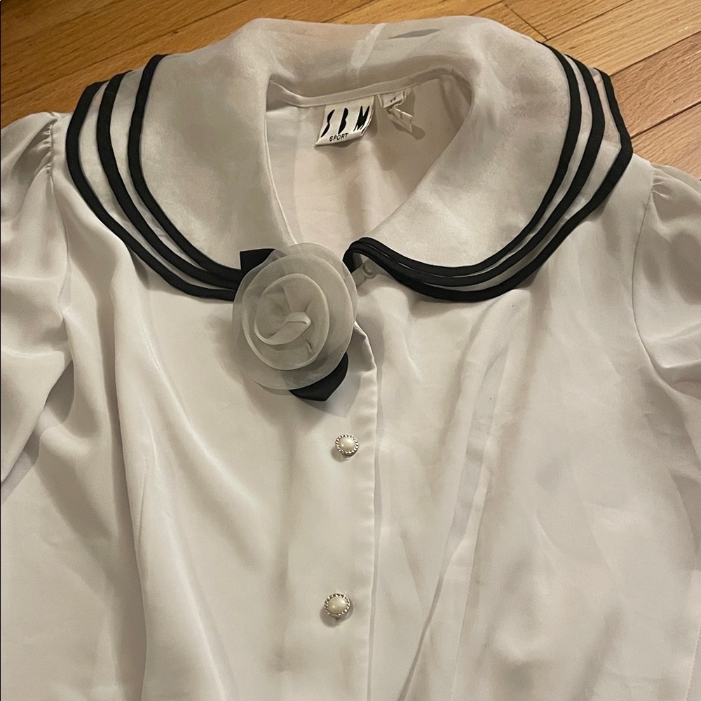 vintage White Blouse with Black Trim & Floral Pin